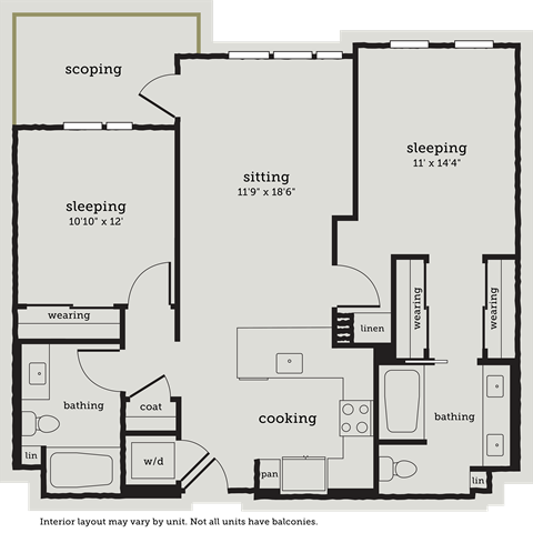 Floor plan for 2 beds, 2 baths, 1009 sqft